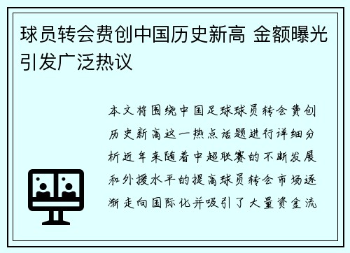 球员转会费创中国历史新高 金额曝光引发广泛热议
