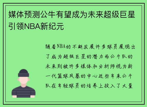媒体预测公牛有望成为未来超级巨星引领NBA新纪元